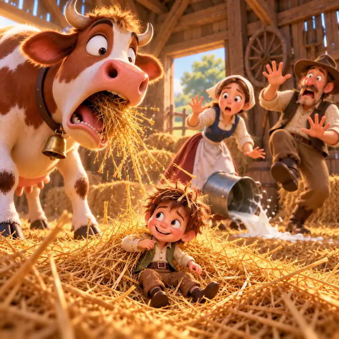 Tom Thumb tumbles into the barn straw as the shocked cow, farmer and farm girl react.