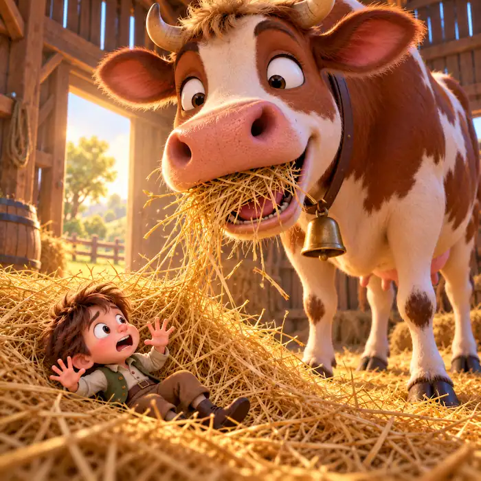 A surprised cow chews hay in the barn while tiny Tom Thumb disappears into the straw.