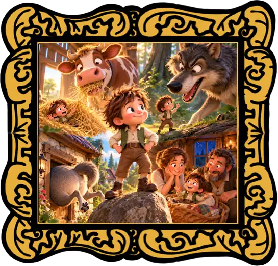 Tom Thumb audio cover illustration showing the tiny hero with the cow, wolf and family from the English folk tale.