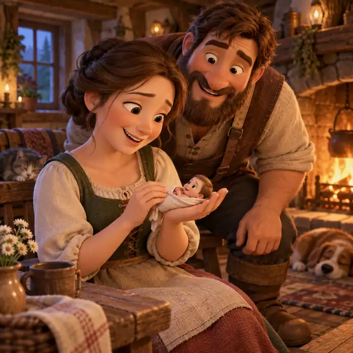 Tom Thumb English folk tale illustration of the woodcutter and his wife wishing for a child no bigger than a thumb.