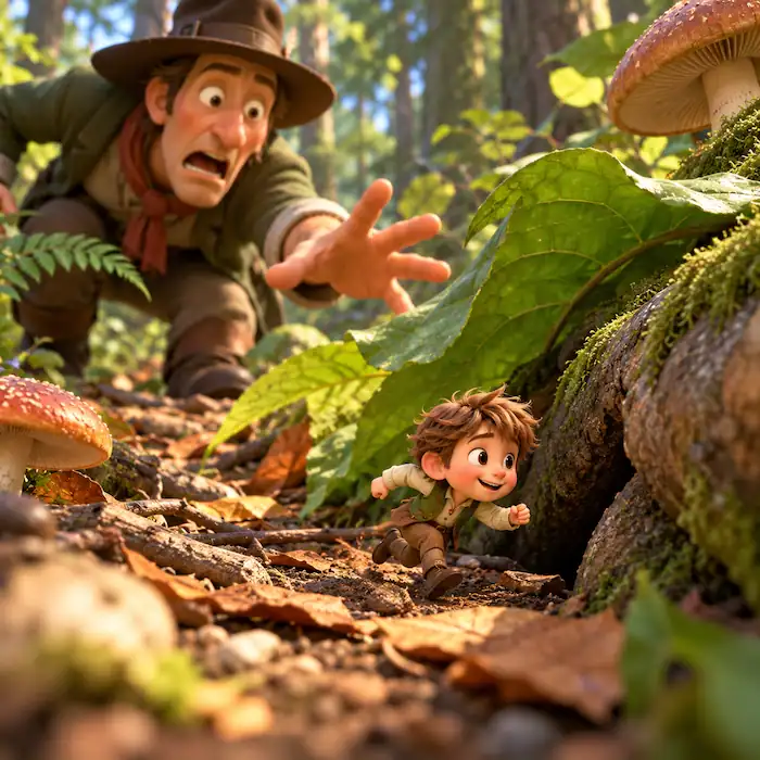 Tiny Tom Thumb hides under a large leaf while a stranger searches for him on the forest floor.
