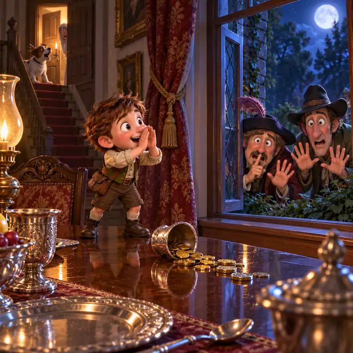 Tom Thumb stands beside silver plates in a grand house while robbers watch nervously from the window.