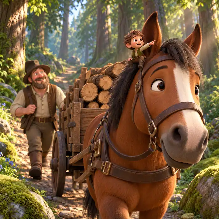 Tom Thumb sits by the horse’s ear and guides the woodcutter’s cart through the forest.