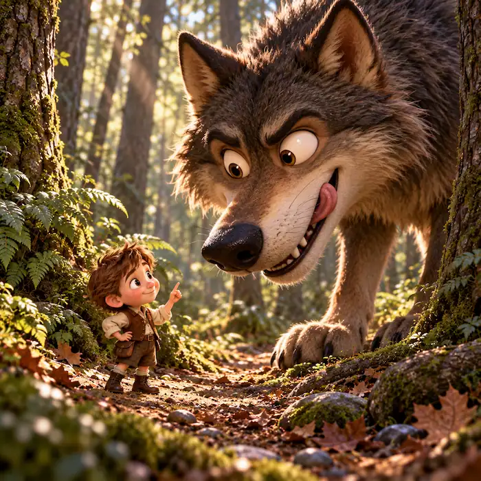 Tiny Tom Thumb stands bravely on the forest path in front of a hungry wolf.