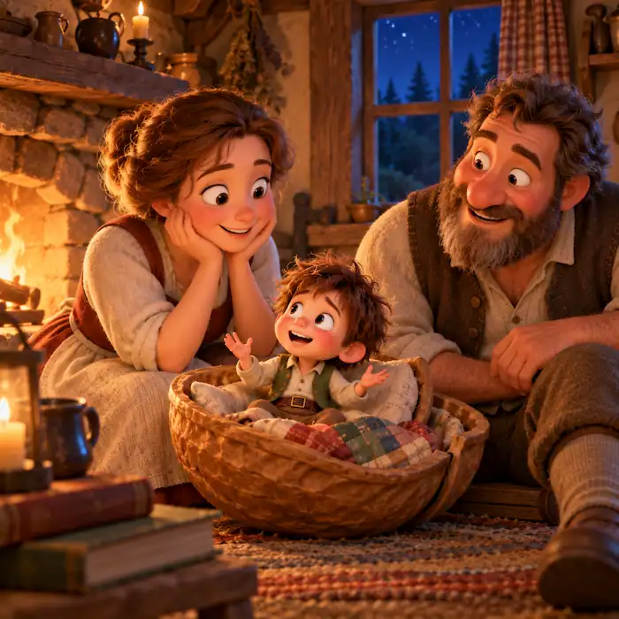 Tom Thumb smiles from his walnut shell beside the fire while his parents sit close by.