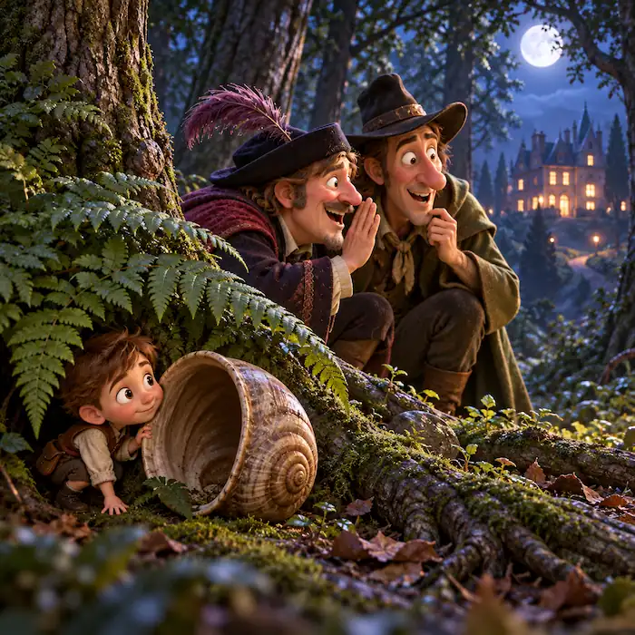 Tom Thumb stands near an empty snail shell while two robbers whisper in the moonlit forest.
