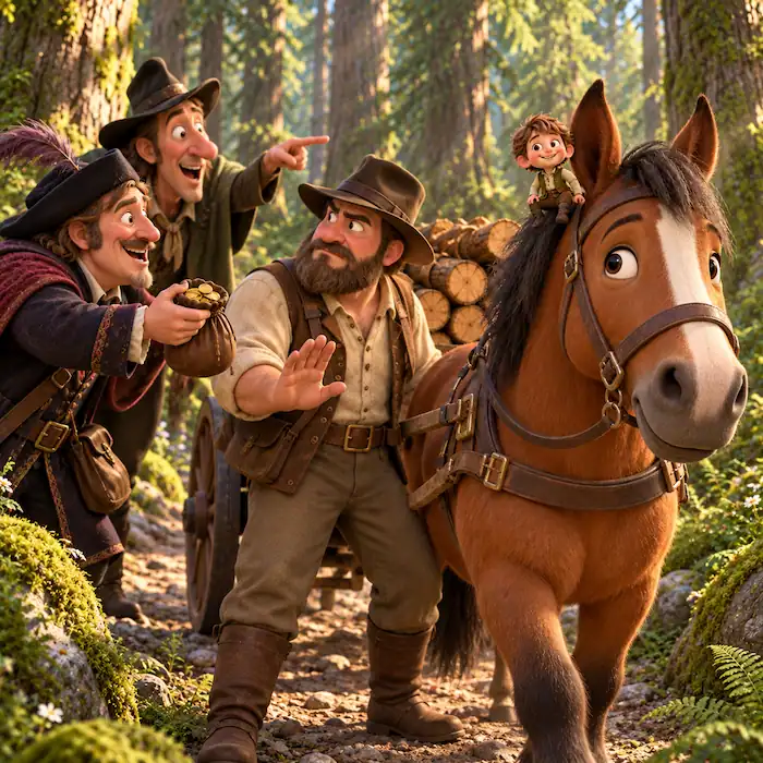 Two strangers stare in surprise as tiny Tom Thumb guides the horse beside his father in the forest.