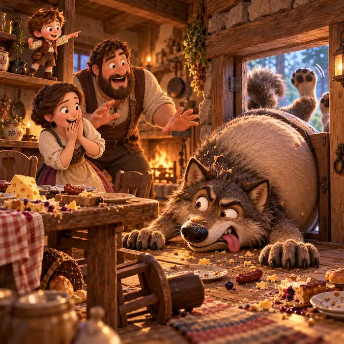 Tom Thumb’s parents wake in their cottage as the overfull wolf gets stuck beside the table.