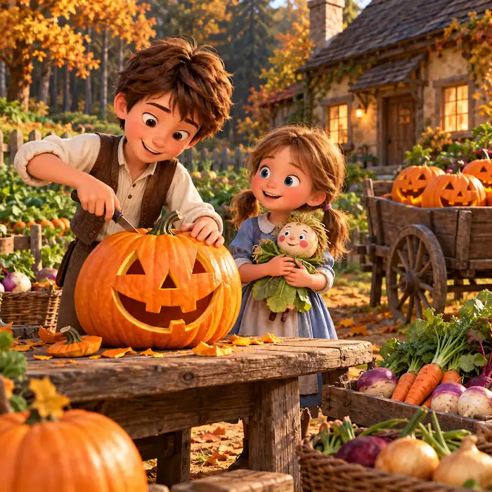 Antone carves a smiling jack-o-lantern while Babette watches in the cottage garden.