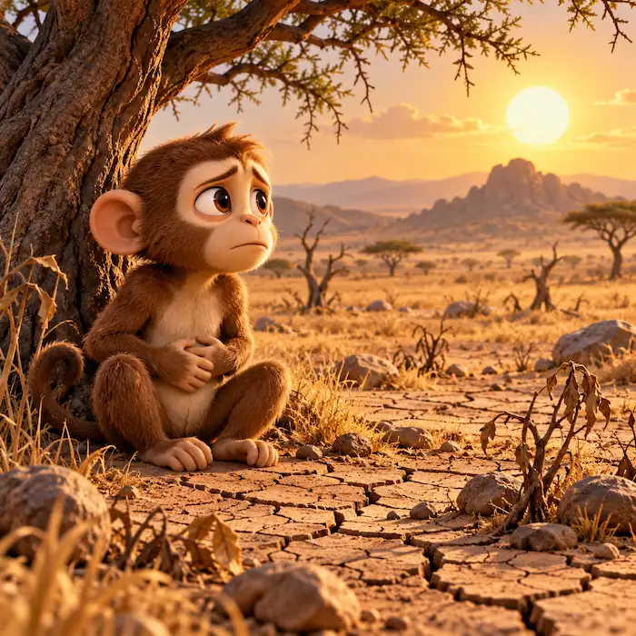 Monkey sitting hungry beneath an acacia tree during a dry South African season