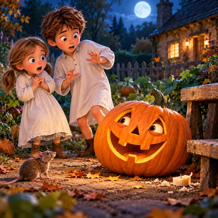 Antone and Babette in white nightshirts stand beside a carved pumpkin as a rat sits on the garden path.