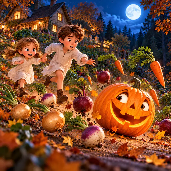 A smiling pumpkin leads vegetables from the garden while Antone and Babette watch at night.