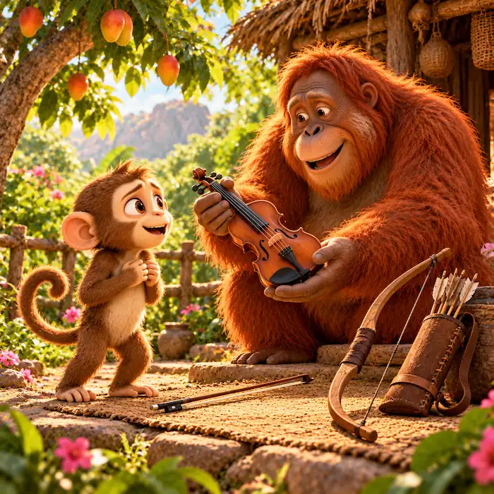 Great-Uncle Orangutan welcoming Monkey to his greener home