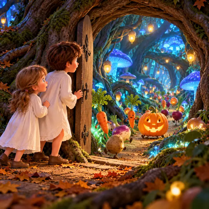 Antone and Babette stand at the root door leading into a glowing underground forest.