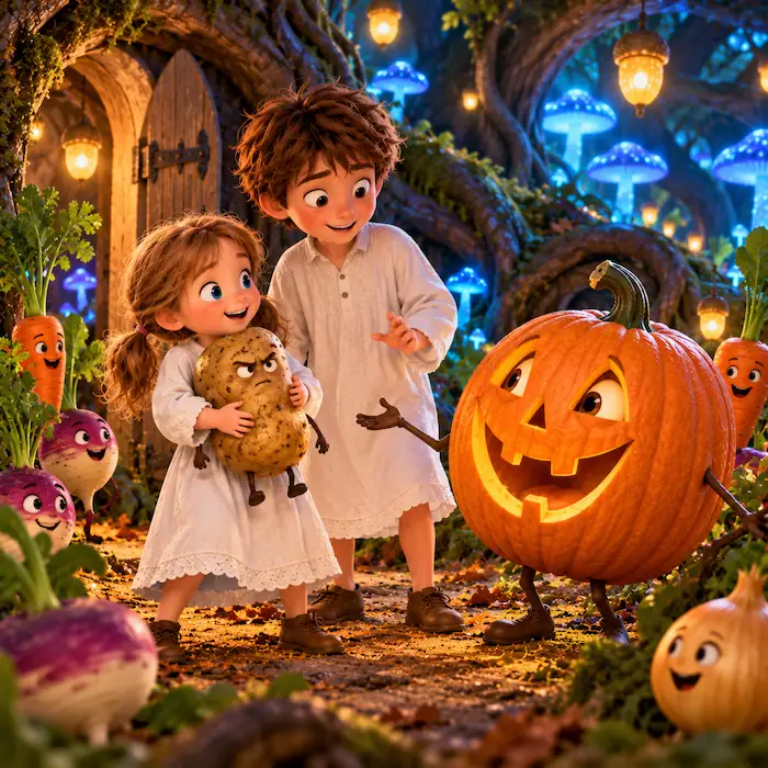 Antone and Babette stand beside the smiling pumpkin in the glowing underground forest.