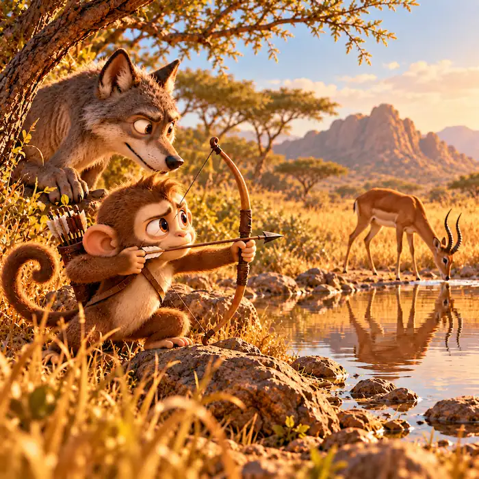 Monkey using the hunting bow while Wolf watches near a waterhole
