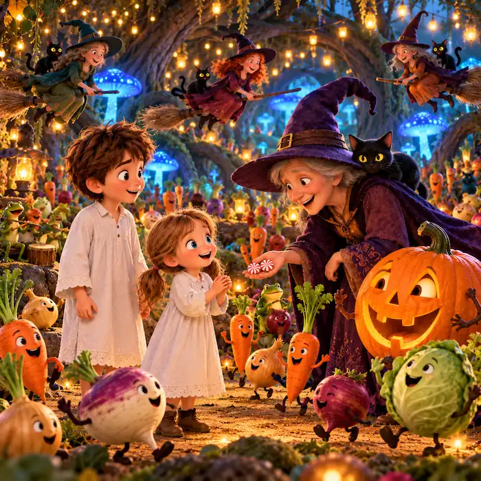 A friendly witch meets Antone and Babette among pumpkins and vegetables in the underground forest.