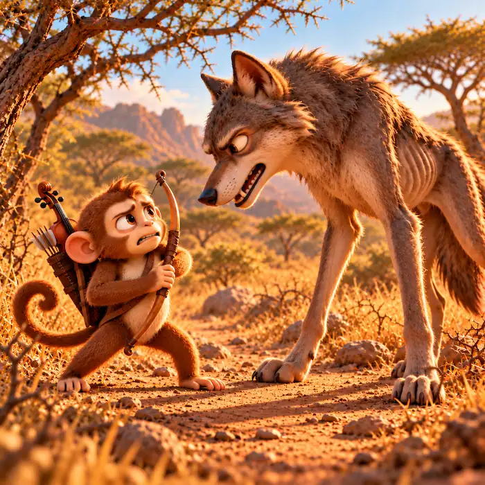 Wolf demanding Monkey’s hunting bow on a thorn-tree path