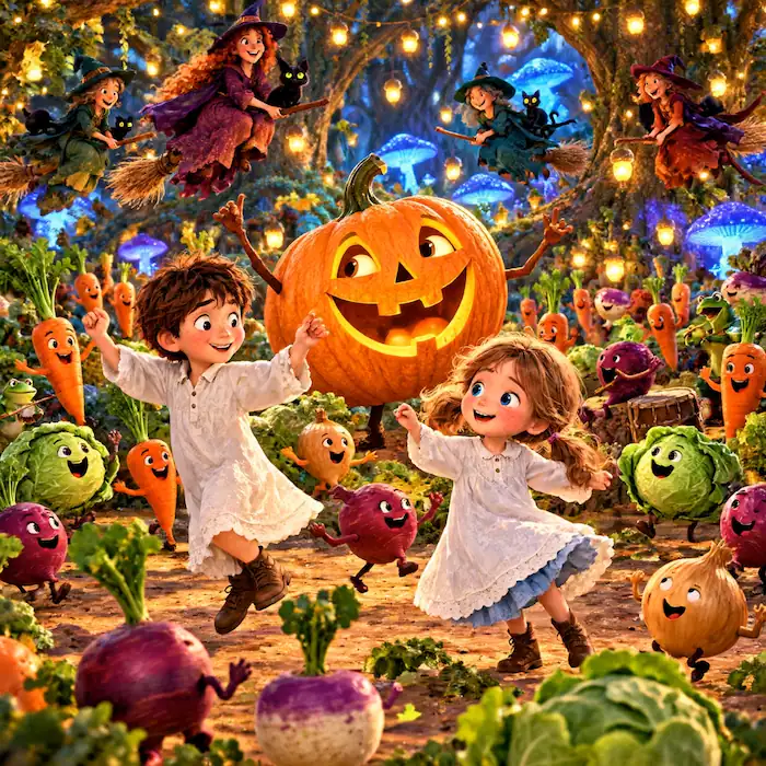 Antone and Babette dance with the smiling pumpkin and vegetables at the Halloween frolic.