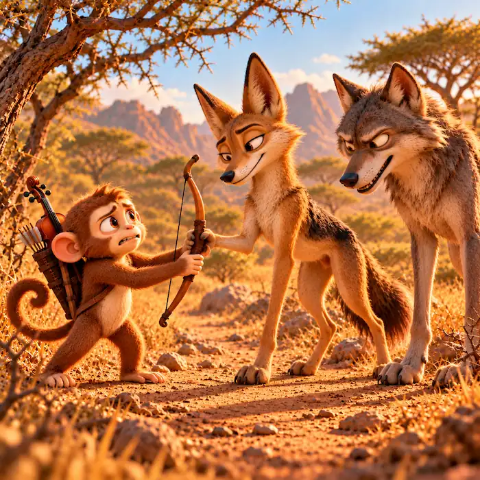 Jackal carrying Monkey’s bow and using its arrows on the journey to Lion’s court