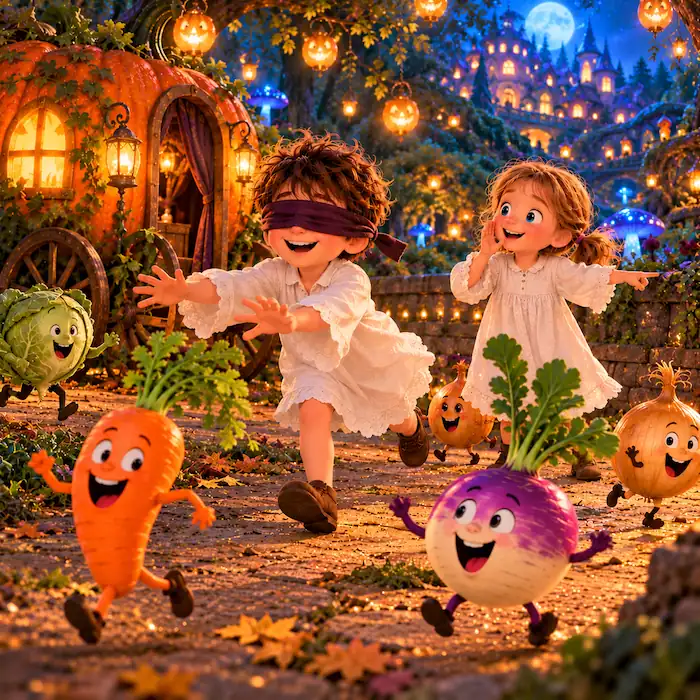 Antone and Babette dance through the underground forest while vegetables join the frolic.