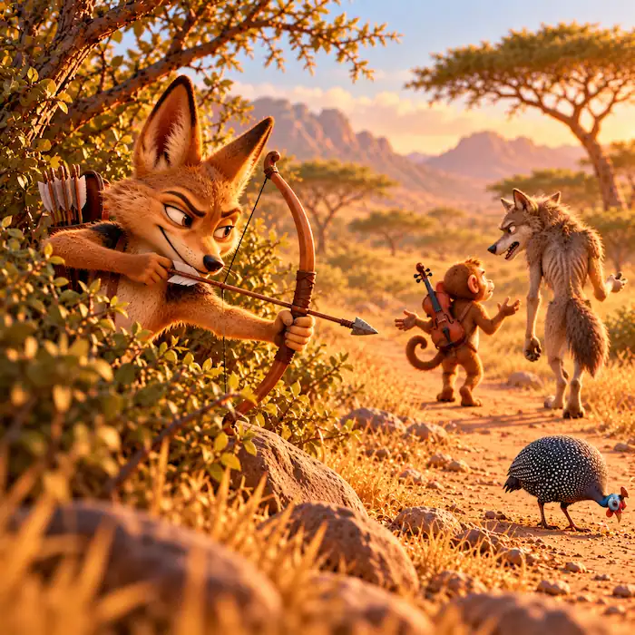 Monkey standing before Lion’s court as Wolf and Jackal make false claims