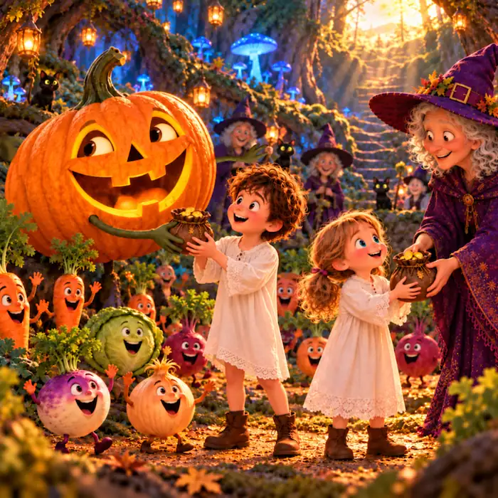 Antone and Babette stand beside the glowing pumpkin while a friendly witch watches.