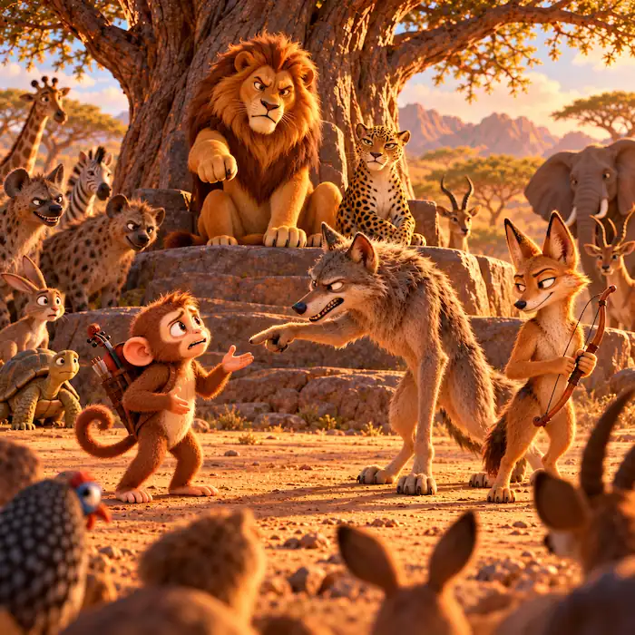 Monkey lifting his fiddle before the animals of Lion’s court