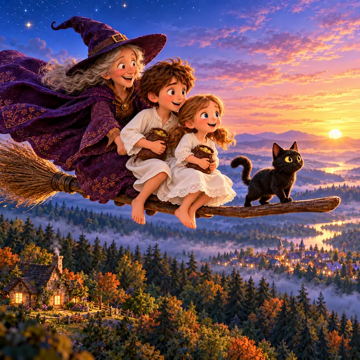 A witch carries Antone, Babette and a black cat on a broom above the forest at dawn.