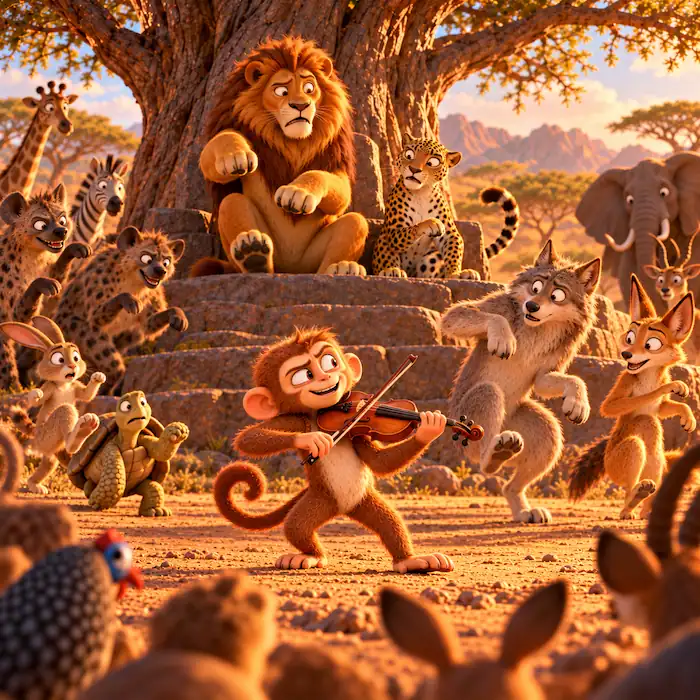 Monkey playing the fiddle while Lion, Leopard, Wolf and other animals begin to dance