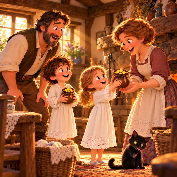 Antone and Babette stand with their parents and the black cat beside the cottage hearth.