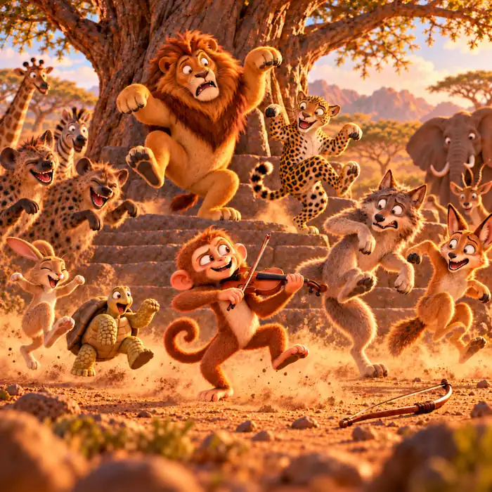 Monkey playing the fiddle as Lion’s court dances wildly and Monkey’s bow lies on the ground