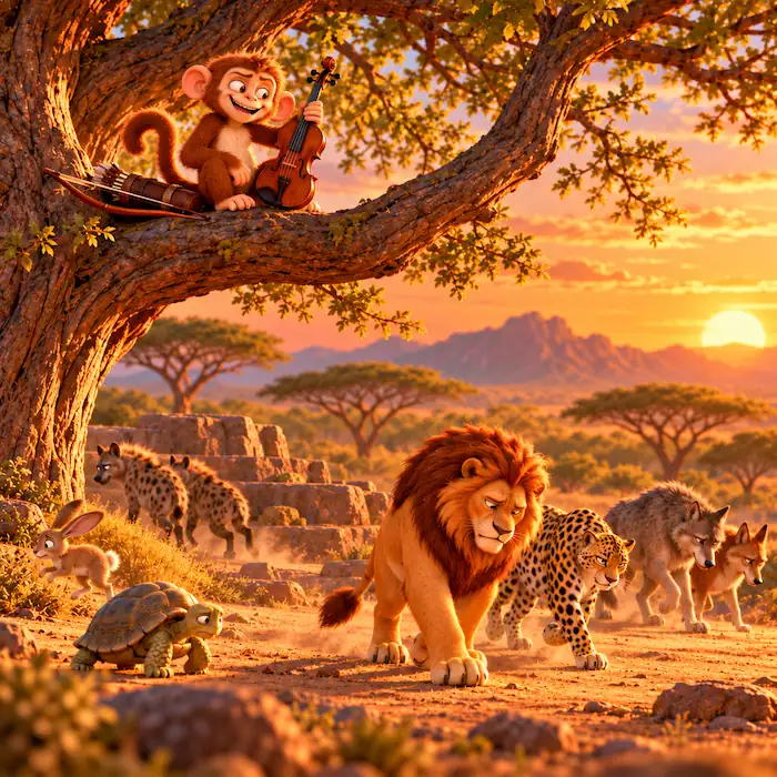 Monkey resting in a tree with his fiddle and bow while Lion, Leopard, Wolf and other animals leave
