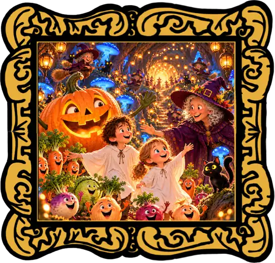 Audio cover showing Antone, Babette, a friendly witch, a glowing pumpkin and the black cat at the Halloween frolic.