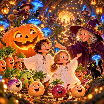 Book cover for A Tale for Halloween showing Antone and Babette with a friendly witch, glowing pumpkin and black cat.
