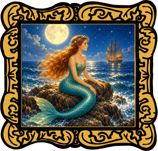 Audio Story in a gold frame: Mermaid sitting by the ocean at night with a sailing ship in the distance - Classic Andersen Fairy Tale