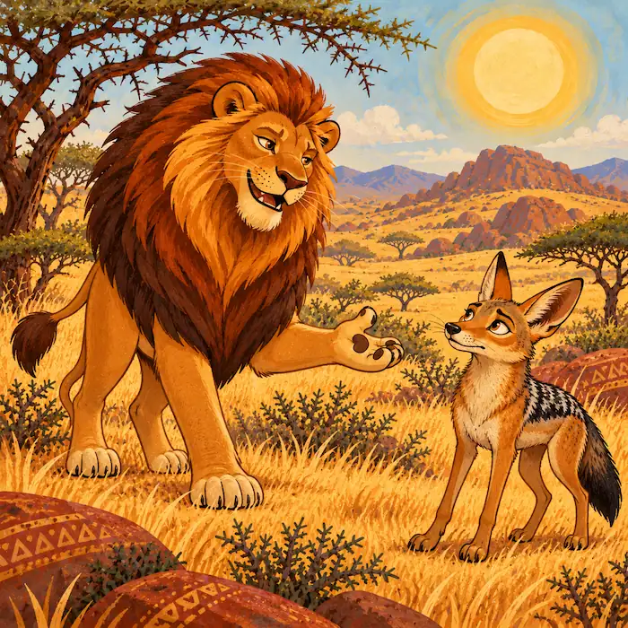 Lion and Jackal Agree to Hunt Together Lion and Little Jackal agree to hunt together on the grasslands in The Lion and the Jackal folktale.