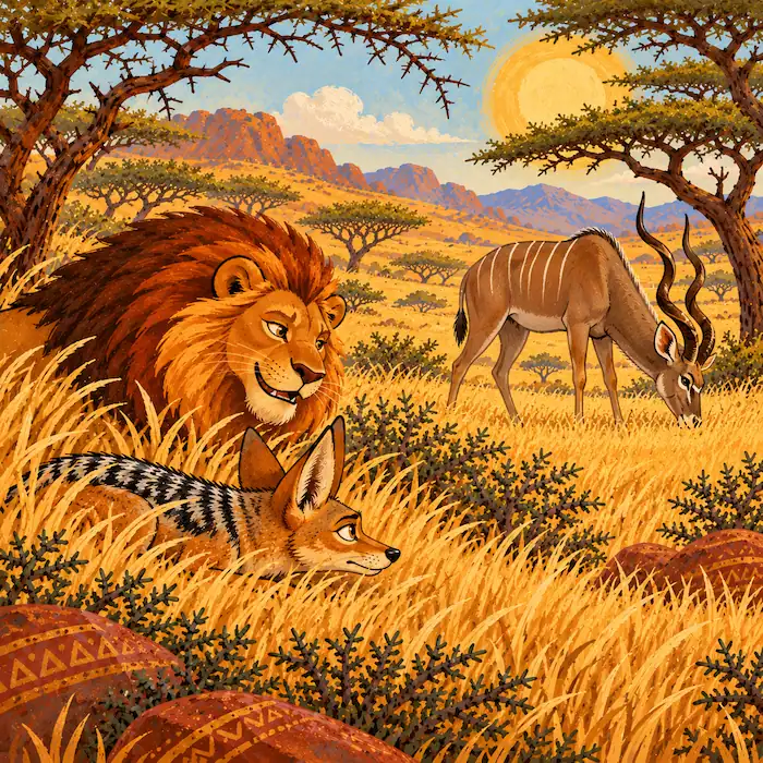 Lion and Jackal Watch an Eland Lion and Little Jackal watch an eland grazing beneath an acacia tree in the grasslands.