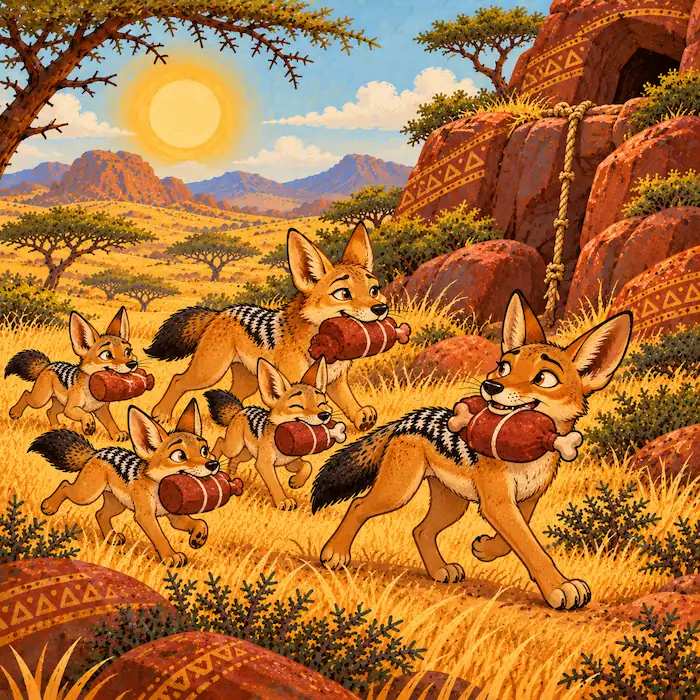 Jackal Family Carries Away the Meat Little Jackal and his family carry pieces of meat home while Lion is away.