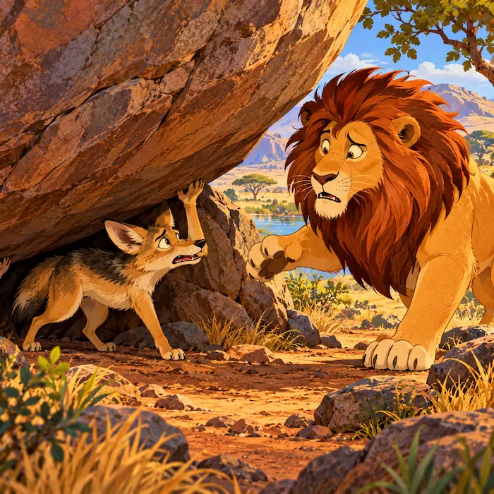 Little Jackal crouches beneath a large rock while Lion looks on during the trick.