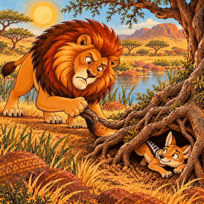 Jackal Tricks Lion with a Tree Root Little Jackal points to a tree root while Lion looks puzzled beside the roots.