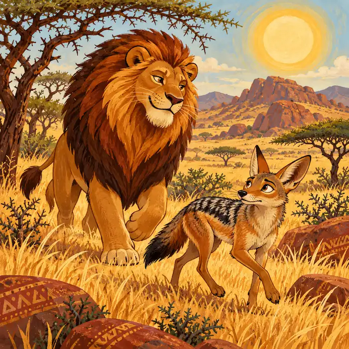 Lion and Jackal Meet on the Grasslands Lion and Little Jackal meet on the dry grasslands at the start of The Lion and the Jackal folktale.