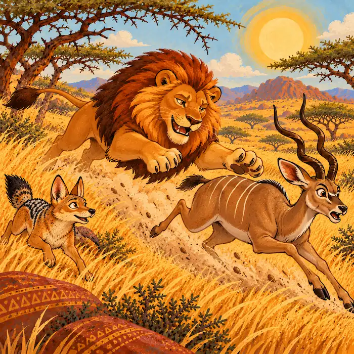 Lion Chases the Eland Lion races after an eland while Little Jackal watches from the grass in The Lion and the Jackal.