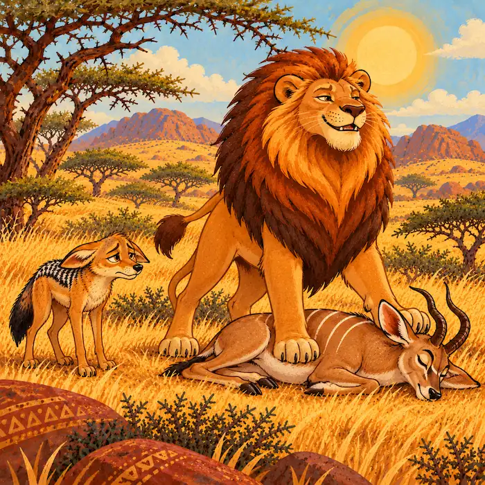 Lion Claims the Eland Lion stands proudly beside the eland while Little Jackal looks on in the grasslands.