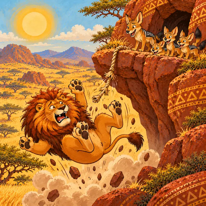 Lion Falls from the Mouse Skin Rope Lion tumbles from a rope below Jackal’s rocky ledge while Jackal watches from above.