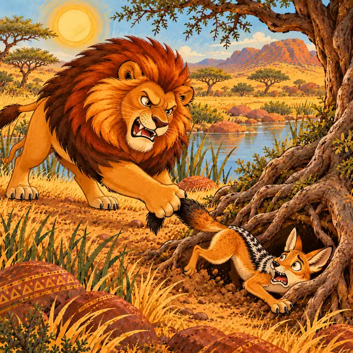 Lion Grabs Jackal’s Tail Lion grabs Little Jackal’s tail as Jackal hides beneath tree roots.