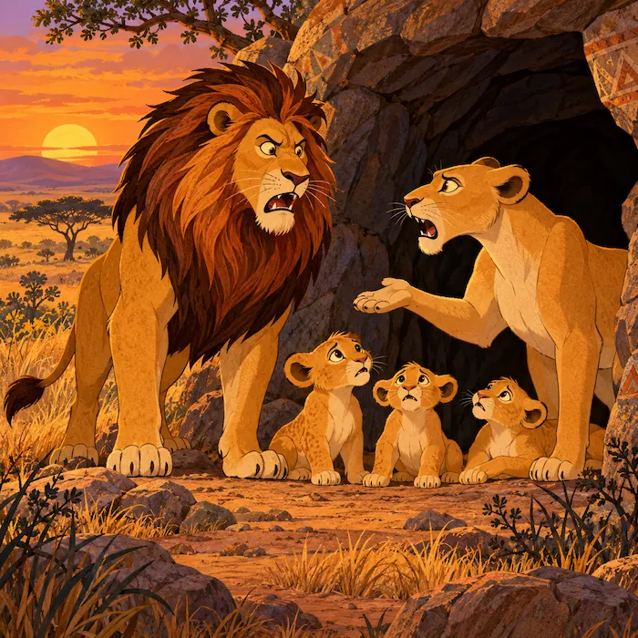 Lion Visits Jackal’s Rocky Den Lion roars below Jackal’s rocky den while Jackal and his family watch from above.