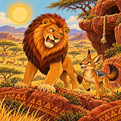 Lion and Jackal standing in the golden southern African grasslands for The Lion and the Jackal folktale.