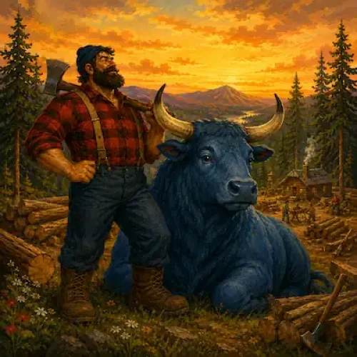 Paul Bunyan stands beside Babe the Blue Ox at sunset in the forest for the American tall tale.
