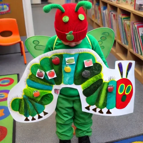 A child dressed as the Very Hungry Caterpillar, wearing a green outfit with fruit stickers.